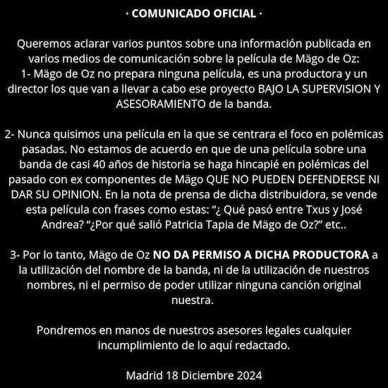 Comunicado oficial de Mägo de Oz sobre la película